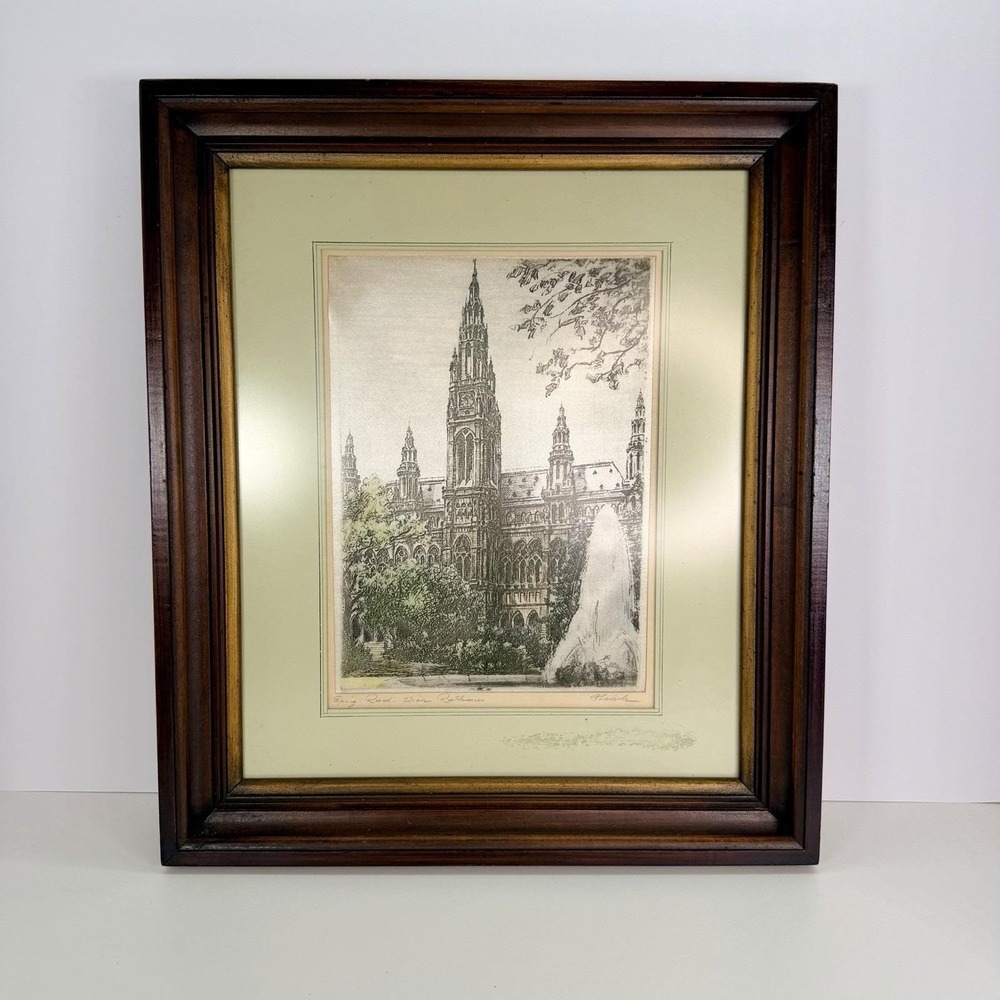 Framed etching on silk print depicting the Vienna Rathaus By Hans Leisch Vintage